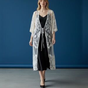 Boutique Lace Kimono Cardigan/Cover-Up Ivory One Size (Fits Women’s 2-16)